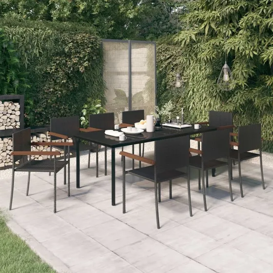 vidaXL 9-delers spisebordssæt sort med polyrattan-stole og glasbord