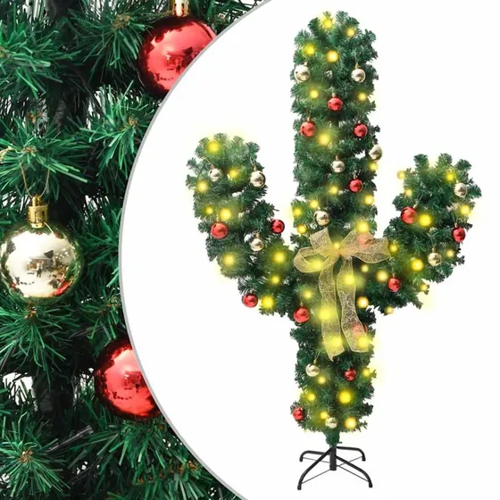 vidaXL Julekaktus 210 cm med LED-lys og fod, PVC grøn