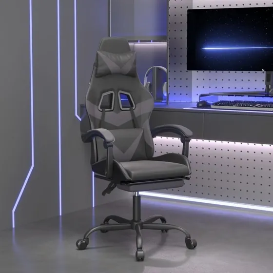 vidaXL drejelig gamingstol med fodstøtte, kunstlæder sort/grå