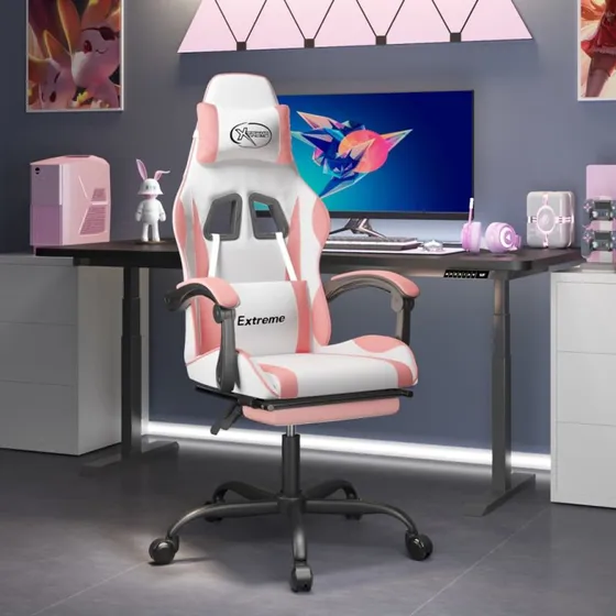 vidaXL Drejelig Gamingstol med Fodstøtte, Kunstlæder Hvid og Pink