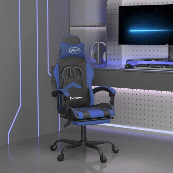 vidaXL Drejelig Gamingstol med Fodstøtte, Kunstlæder Sort/Blå