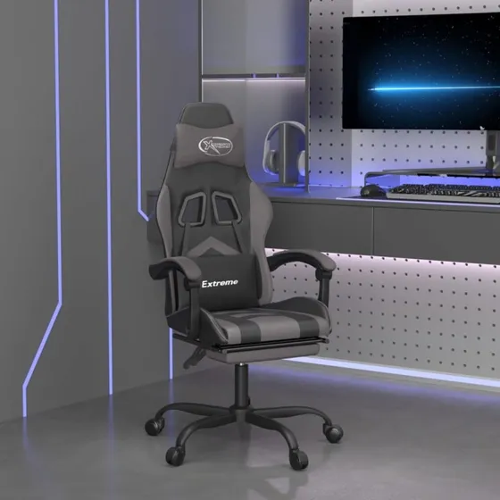 vidaXL drejelig gamingstol med fodstøtte, kunstlæder sort/grå