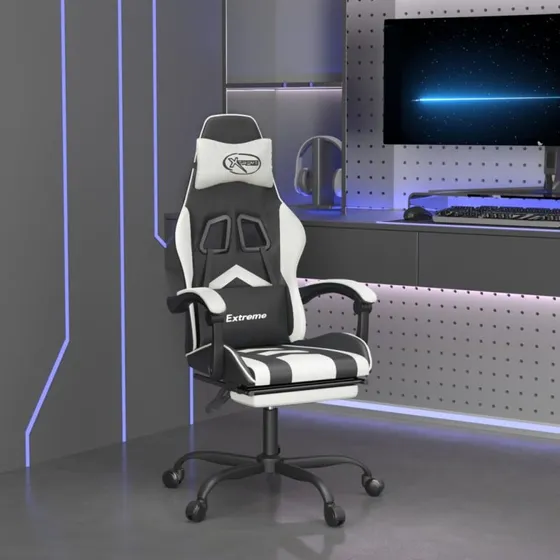 vidaXL Drejelig Gamingstol med Fodstøtte, Kunstlæder Sort og Hvid