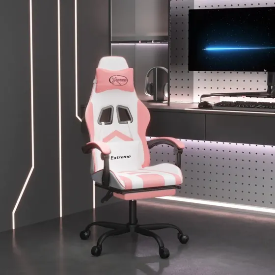vidaXL drejelig gamingstol med fodstøtte, hvid og pink