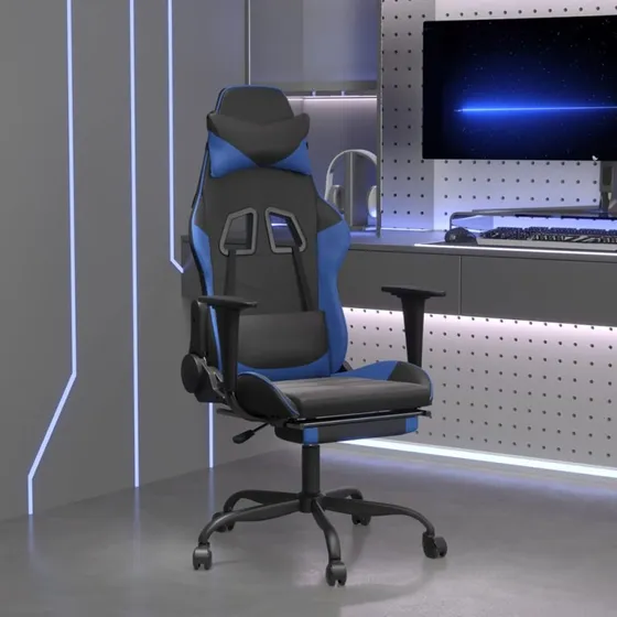 vidaXL Gamingstol med fodstøtte, kunstlæder sort/blå