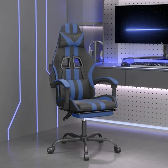 vidaXL Gamingstol med fodstøtte, kunstlæder sort/blå