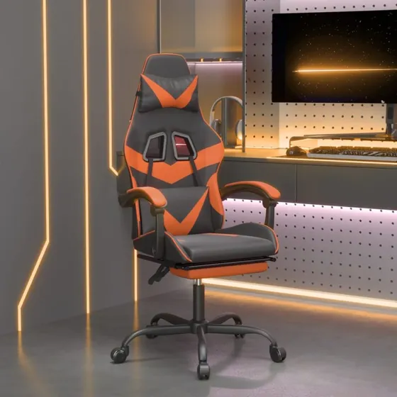 vidaXL Gamingstol med fodstøtte, kunstlæder sort/orange