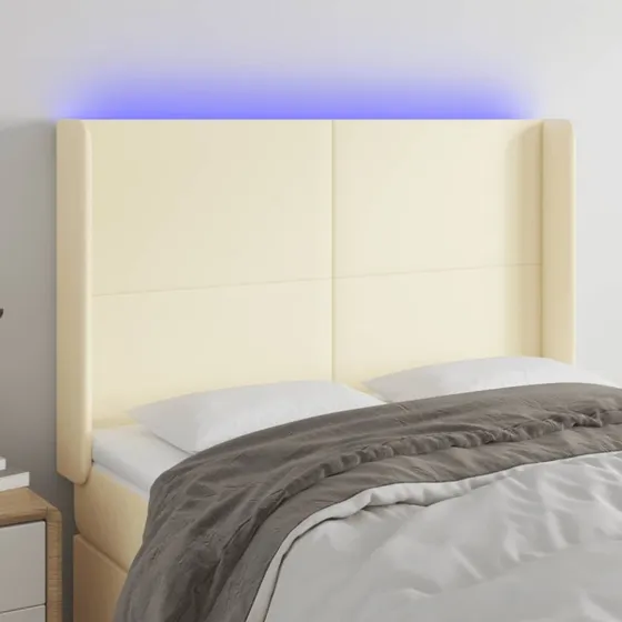 vidaXL Sengegavl med LED-lys 147x16x118/128 cm cremefarvet