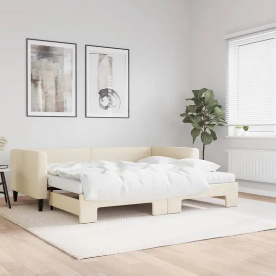 vidaXL Daybed med udtræk og madras 90x200 cm, cremefarvet