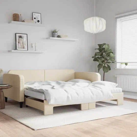vidaXL Daybed med udtræk og madras 100x200 cm, cremefarvet