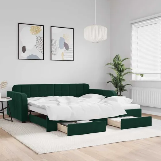 vidaXL Daybed med udtræk og skuffer 100x200 cm mørkegrøn