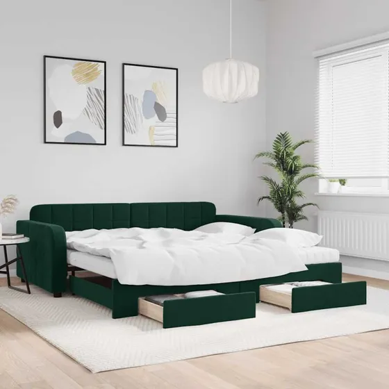 vidaXL Daybed med udtræk og skuffer 100x200 cm mørkegrøn