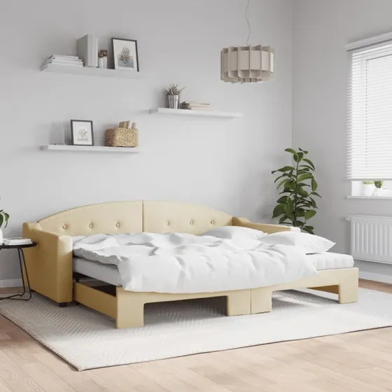 vidaXL Daybed med udtræk og madras 90x200 cm creme