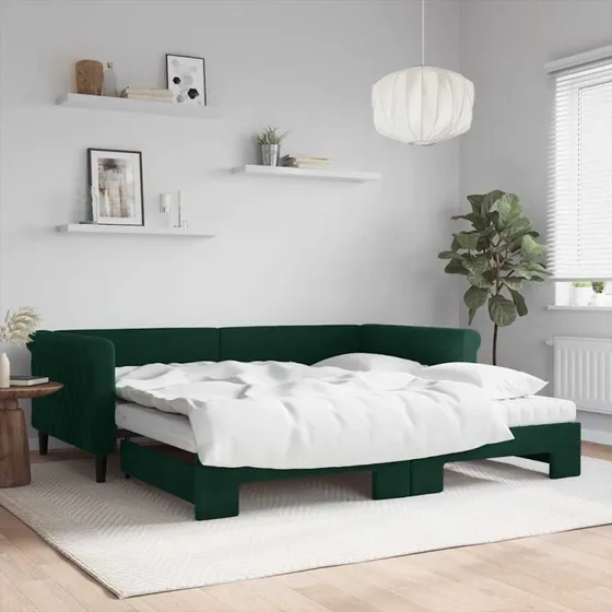vidaXL Daybed med udtræk og madras 100x200 cm mørkegrøn