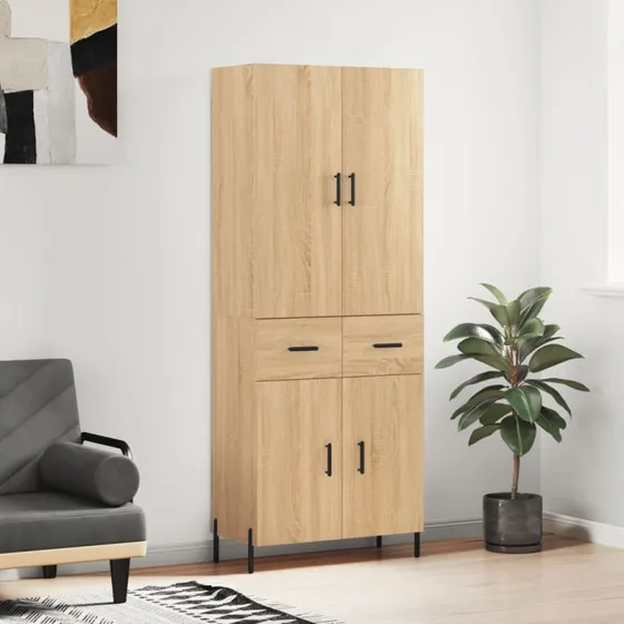 vidaXL Højskab 69,5x34x180 cm Konstrueret Træ Sonoma-eg, 2 Låger & 2 Skuffer