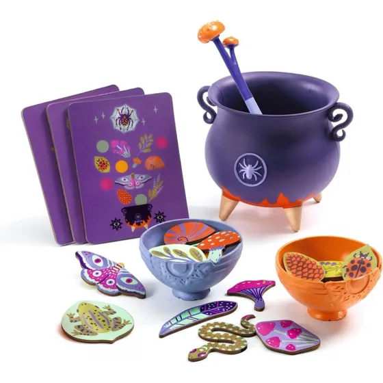 Heksebryg legetøjsgryde med træingredienser