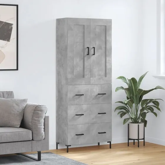 vidaXL Højskab 69,5x34x180 cm Konstrueret Træ Betongrå, 3 Skuffer