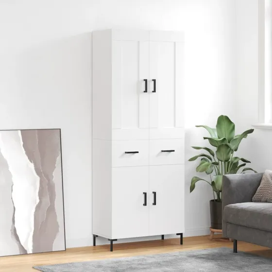 vidaXL Højskab 69,5x34x180 cm Konstrueret Træ Hvid, 2 Låger & 2 Skuffer