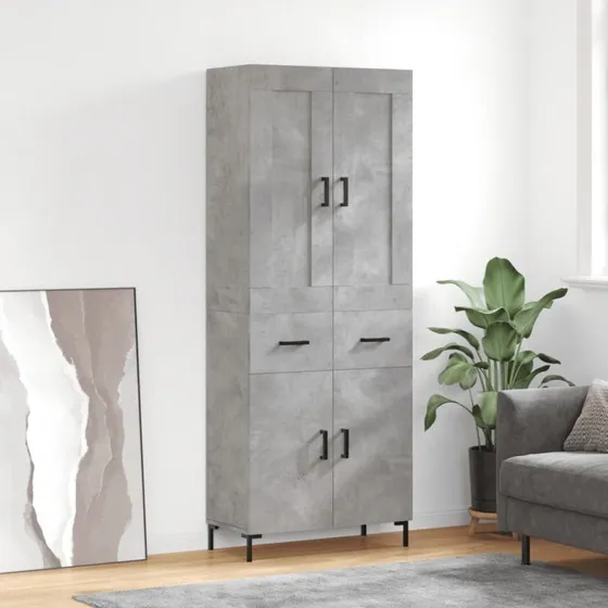 vidaXL Højskab 69,5x34x180 cm Konstrueret Træ Betongrå, 2 Låger & 2 Skuffer