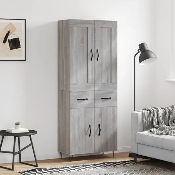 vidaXL Højskab 69,5x34x180 cm Konstrueret Træ Grå Sonoma-Eg, 2 Låger, 2 Skuffer