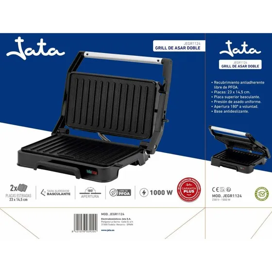 JATA JEGR1124 Elektrisk Sandwichgrill, 1000 W, Sort