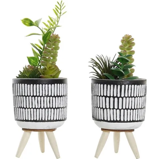 DKD Home Decor Kunstig Plante i Keramik (2 stk, Sort/Hvid/Grøn, 7×7×19 cm)