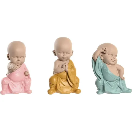 DKD Home Decor Munkfigurer i Harpiks, 3 stk, Blå/Pink/Gul