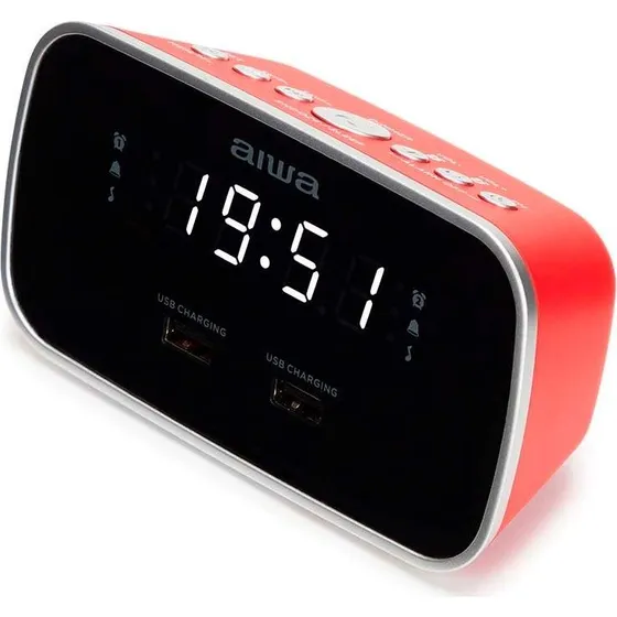 Aiwa CRU-19RD Vækkeur med dobbelt alarm, USB-opladning og radio – Rød