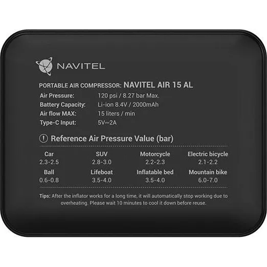 Navitel AIR 15 AL bærbar luftkompressor 50 W, 15 l/min, sort