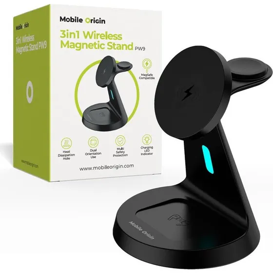 Mobile Origin 3in1 Wireless Magnetic Stand PW9, Sort, 15W