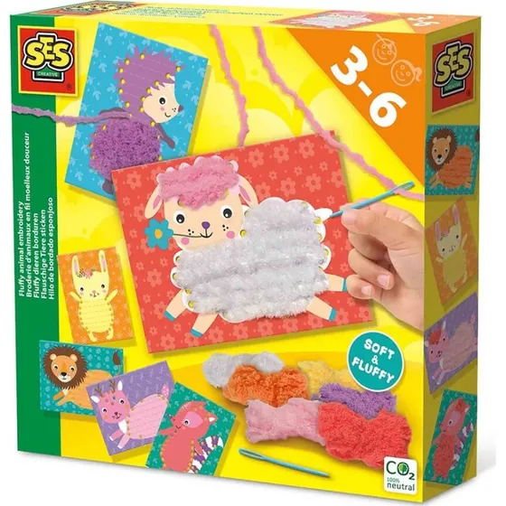 SES Creative Broderi Kit - 6 Pelsede Dyr for Børn 3-6 År
