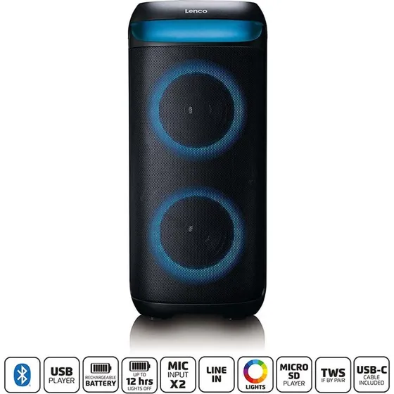Lenco PA-210 Bluetooth-festhøjttaler 100W med LED-lys, sort
