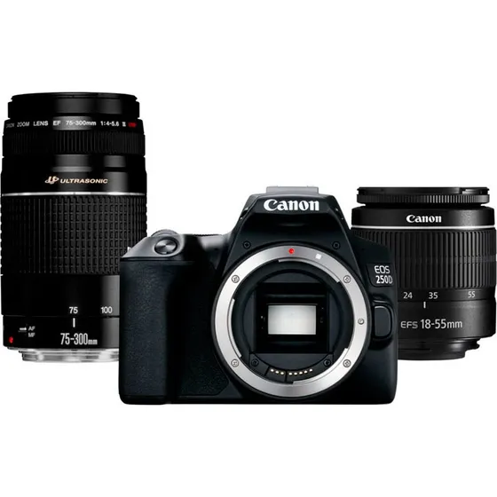 Canon EOS 250D 18-55mm III + 75-300mm III, sort