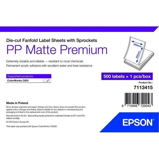 Epson PP Matte Premium Selvklæbende Etiketter, Hvid, 203 x 305 mm, 500 stk