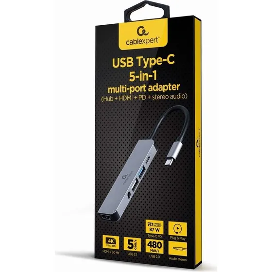 Gembird USB-C 5-i-1 adapter, sølv