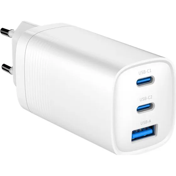 Gembird 65W GaN Hurtigoplader 3-port (2x USB-C, 1x USB-A), Hvid
