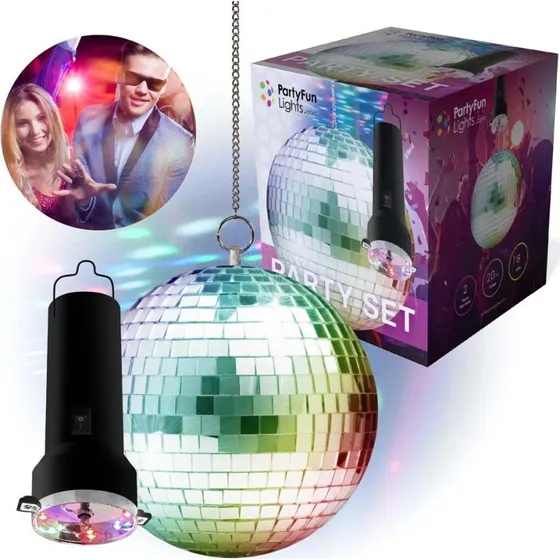 Party Set - Roterende Mirror Ball, 20cm, LED og Motor
