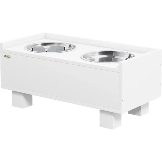 Forhøjet hundefoderstation med slow feeder måtte, 2 alu-skåle, hvid
