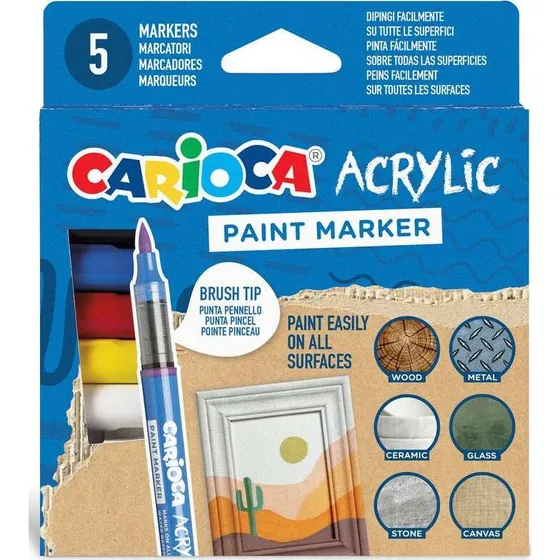 Carioca Akryl Tusser 5 Farver, Kunstnerisk Pensel Spids, Vandbaseret, 5 stk