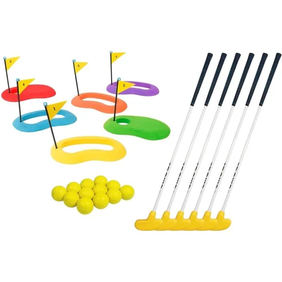 Megaform Minigolfsæt til børn – 6 puttere (64 cm), 12 bolde, 6 mål