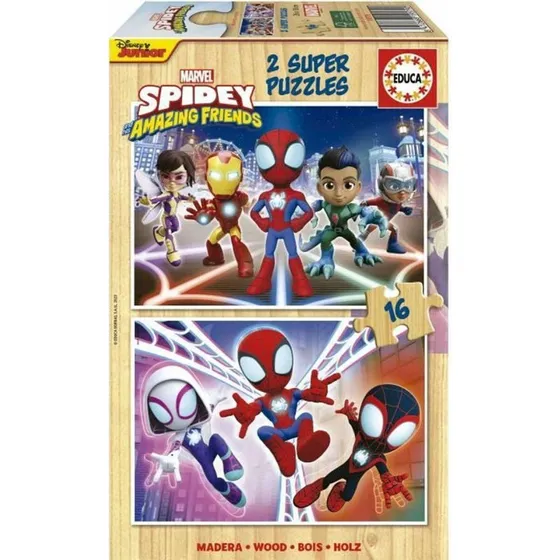 Educa Spidey His Amazing Friends 2 i 1 Puslespil, 16 brikker i træ