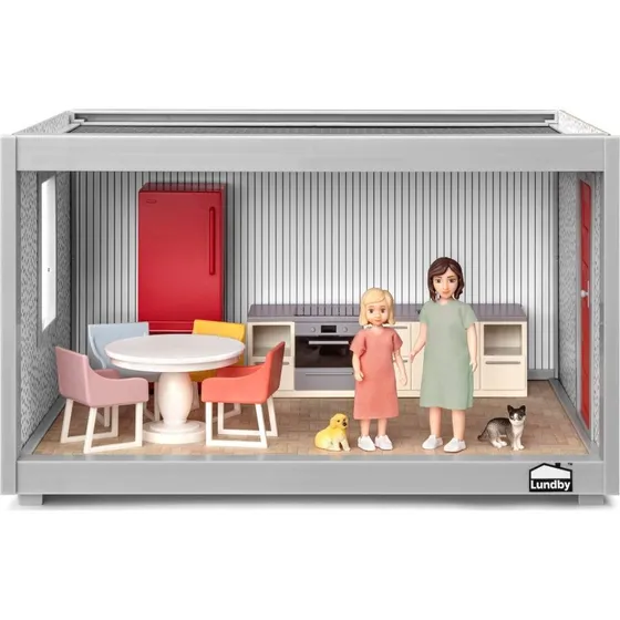 Lundby Startsæt Komplet – Møbleret Dukkehus 33 cm med Køkken, Spisestue og Dukker