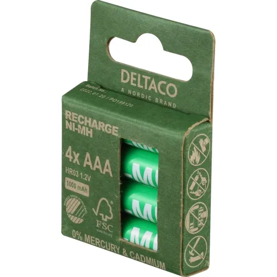 DELTACO laddbare AAA-batterier 1000mAh, 4-pack, Svanenmærket