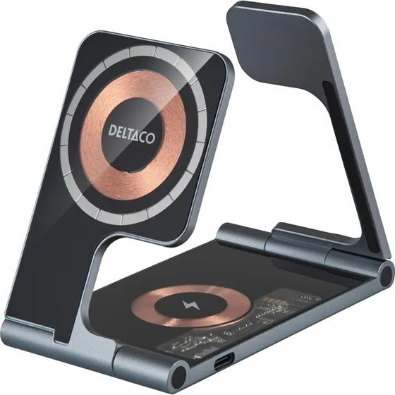 Deltaco QI-1047 3-i-1 Trådløs Oplader med Magnet, 15W