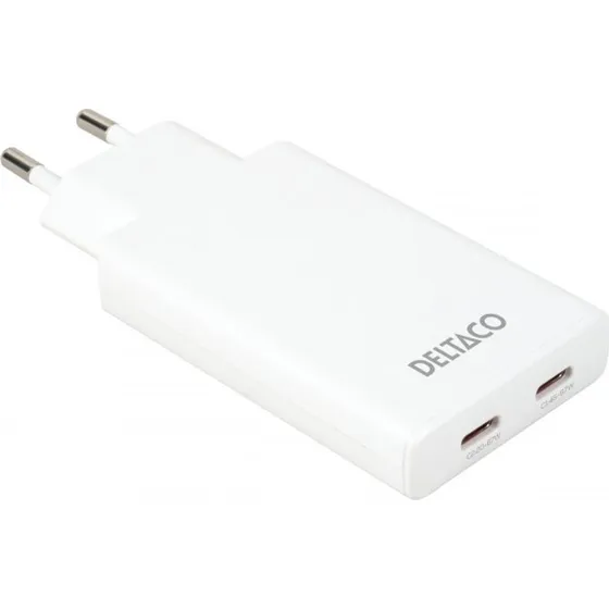 Deltaco USB-C 67W Slim Wall Charger, 2x USB-C PD/PPS