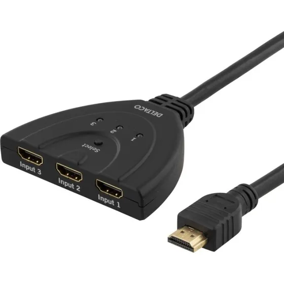 DELTACO HDMI Pigtail Switch 3-til-1, sort