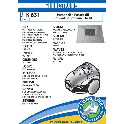 Hanestroem Vacuum Cleaner Bags K631, 5 Pakker