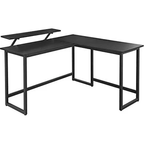 VASAGLE L-formet skrivebord med skærmstativ, sort 140x130 cm