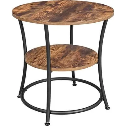 Vasagle Rundt Sidebord 55 cm, Rustik Brun med 2 Hylder, Sort Stål