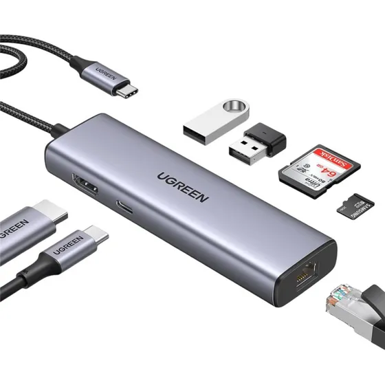 UGREEN 7-in-1 USB-C Hub med HDMI, 100W PD, 2x USB 3.0, Ethernet & SD/TF - Grå